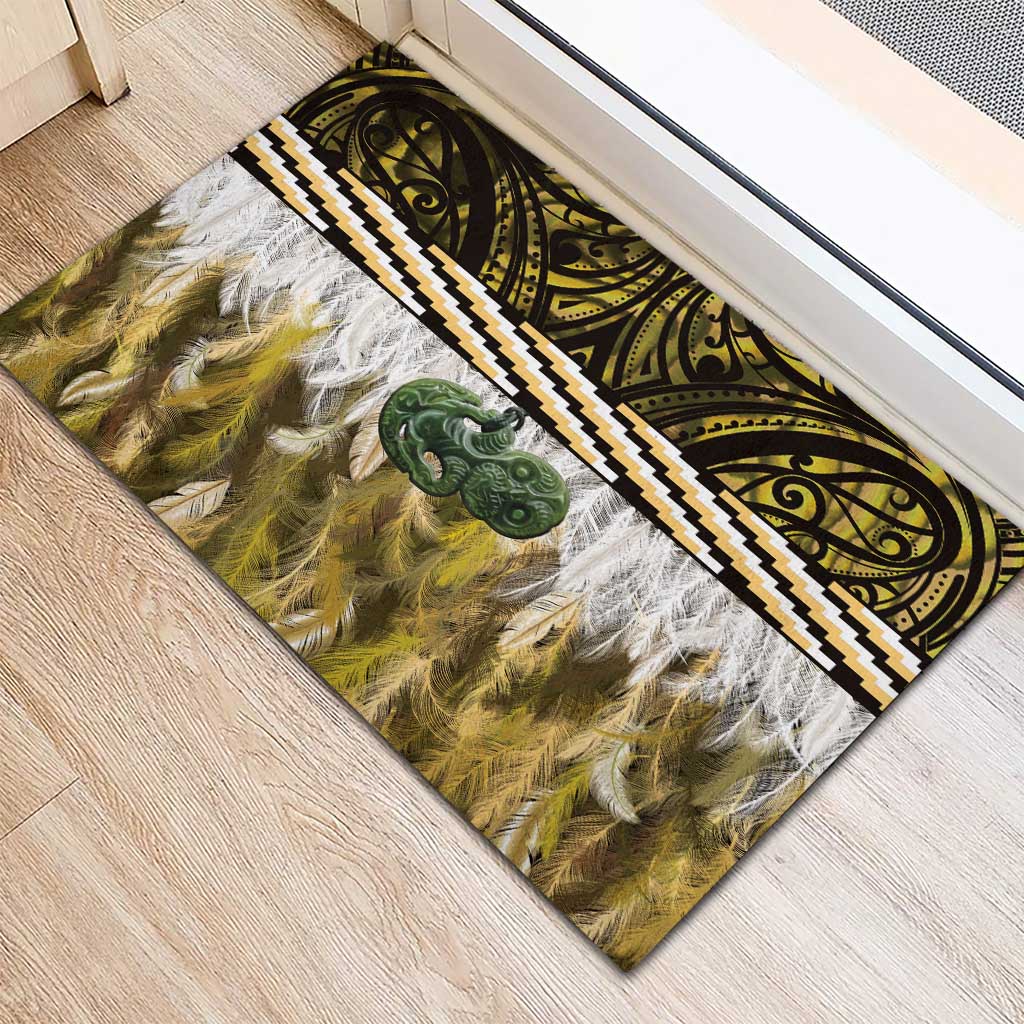 Yellow Traditional Cloak Aotearoa Rubber Doormat Maori Paua Shell Korowai Pattern
