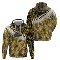 Yellow Traditional Cloak Aotearoa Zip Hoodie Maori Paua Shell Korowai Pattern