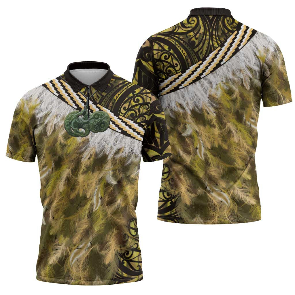 Yellow Traditional Cloak Aotearoa Zipper Polo Shirt Maori Paua Shell Korowai Pattern - Polynesian Pride