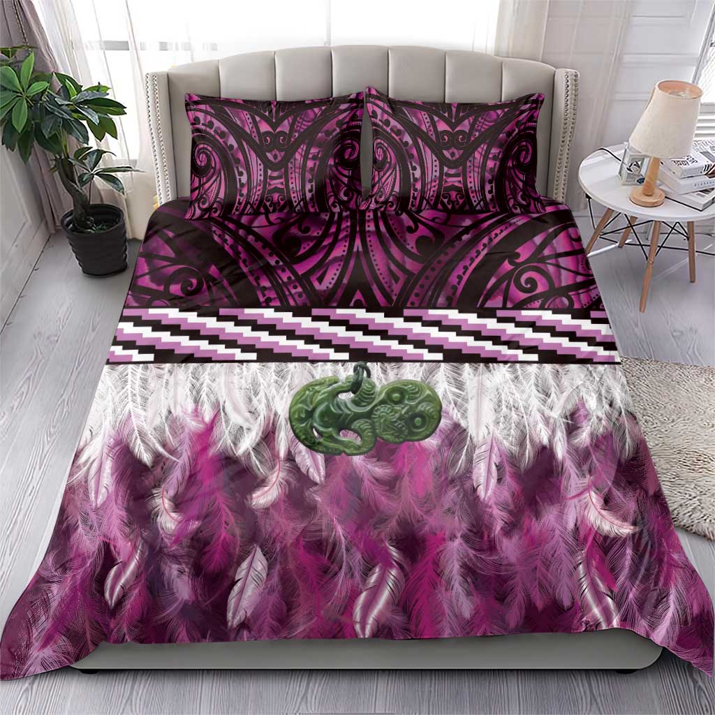 Pink Traditional Cloak Aotearoa Bedding Set Maori Paua Shell Korowai Pattern
