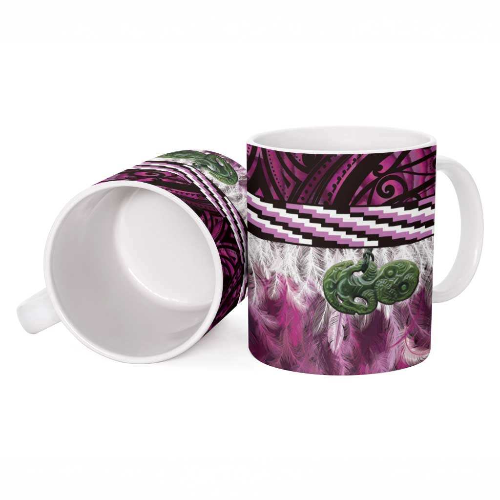 Pink Traditional Cloak Aotearoa Ceramic Mug Maori Paua Shell Korowai Pattern - Polynesian Pride