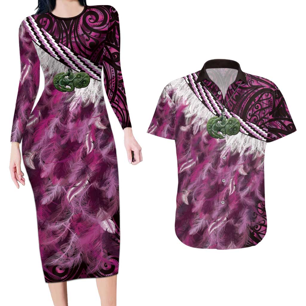 Pink Traditional Cloak Aotearoa Couples Matching Long Sleeve Bodycon Dress and Hawaiian Shirt Maori Paua Shell Korowai Pattern LT14 Pink - Polynesian Pride