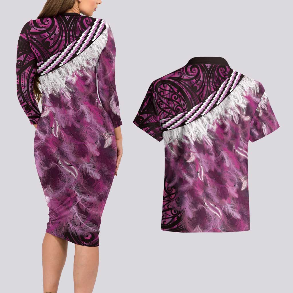 Pink Traditional Cloak Aotearoa Couples Matching Long Sleeve Bodycon Dress and Hawaiian Shirt Maori Paua Shell Korowai Pattern LT14 - Polynesian Pride