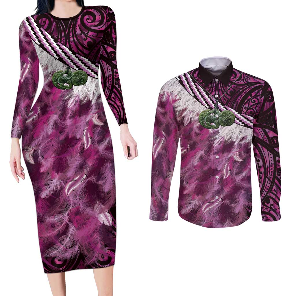 Pink Traditional Cloak Aotearoa Couples Matching Long Sleeve Bodycon Dress and Long Sleeve Button Shirt Maori Paua Shell Korowai Pattern LT14 Pink - Polynesian Pride