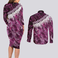 Pink Traditional Cloak Aotearoa Couples Matching Long Sleeve Bodycon Dress and Long Sleeve Button Shirt Maori Paua Shell Korowai Pattern LT14 - Polynesian Pride