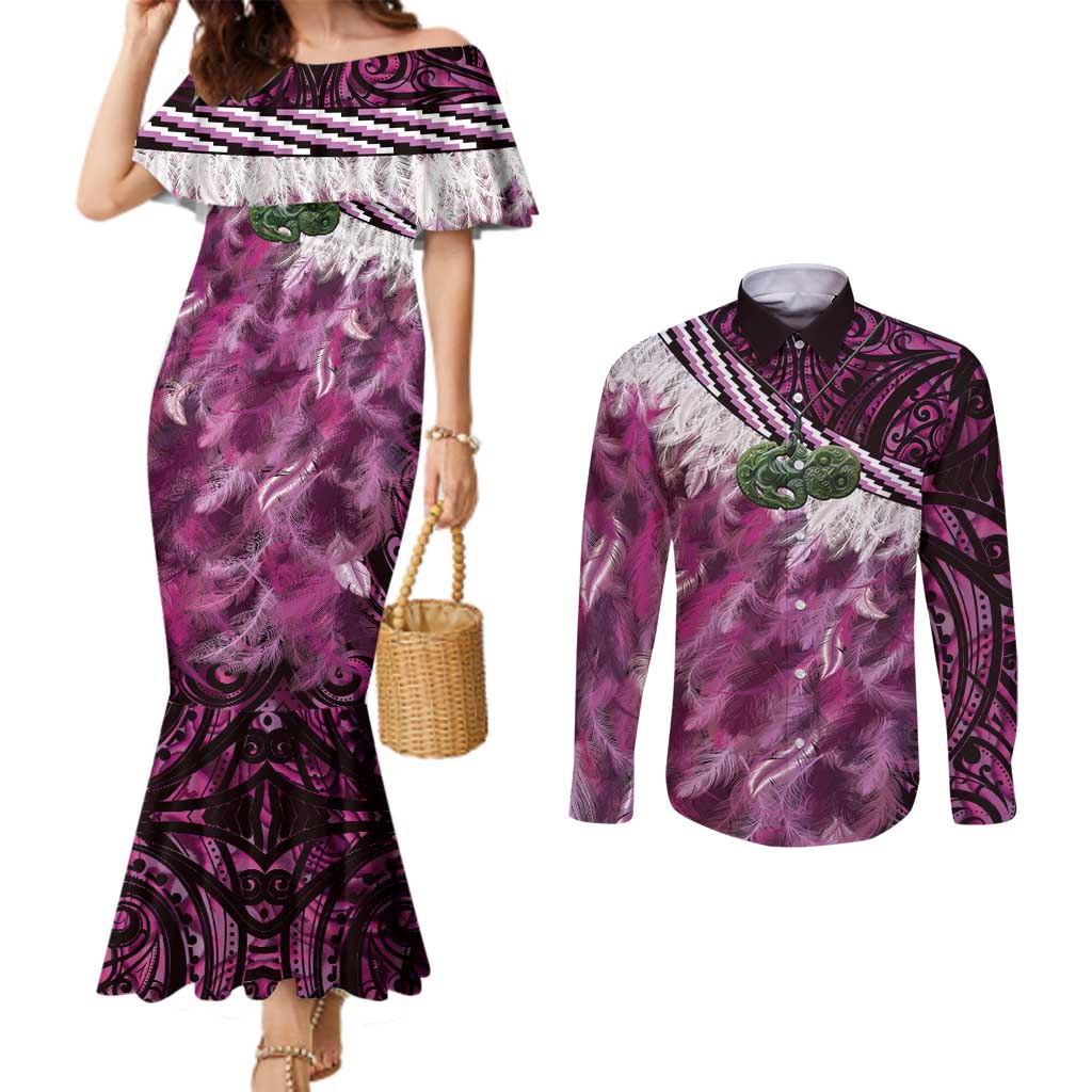 Pink Traditional Cloak Aotearoa Couples Matching Mermaid Dress and Long Sleeve Button Shirt Maori Paua Shell Korowai Pattern LT14 Pink - Polynesian Pride
