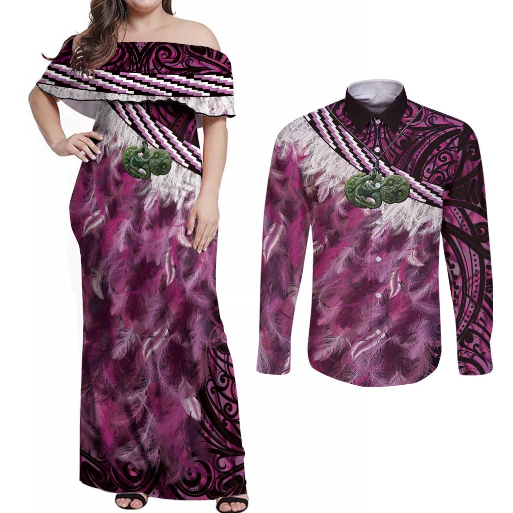 Pink Traditional Cloak Aotearoa Couples Matching Off Shoulder Maxi Dress and Long Sleeve Button Shirt Maori Paua Shell Korowai Pattern LT14 Pink - Polynesian Pride