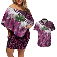 Pink Traditional Cloak Aotearoa Couples Matching Off Shoulder Short Dress and Hawaiian Shirt Maori Paua Shell Korowai Pattern LT14 Pink - Polynesian Pride