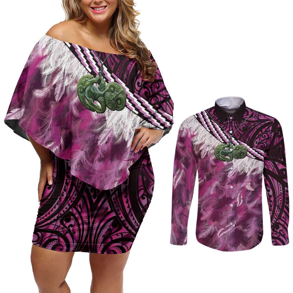 Pink Traditional Cloak Aotearoa Couples Matching Off Shoulder Short Dress and Long Sleeve Button Shirt Maori Paua Shell Korowai Pattern LT14 Pink - Polynesian Pride