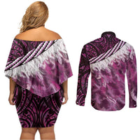 Pink Traditional Cloak Aotearoa Couples Matching Off Shoulder Short Dress and Long Sleeve Button Shirt Maori Paua Shell Korowai Pattern