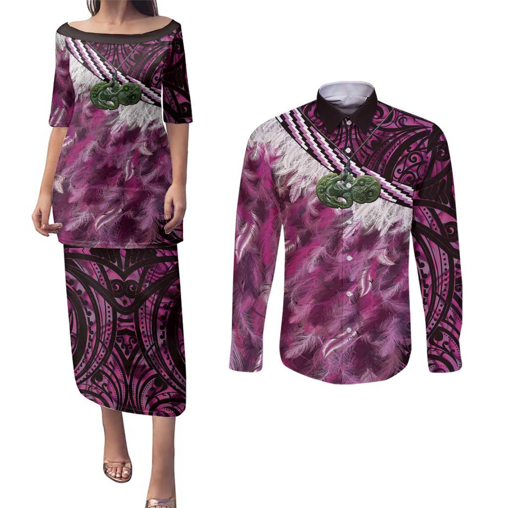 Pink Traditional Cloak Aotearoa Couples Matching Puletasi and Long Sleeve Button Shirt Maori Paua Shell Korowai Pattern LT14 Pink - Polynesian Pride