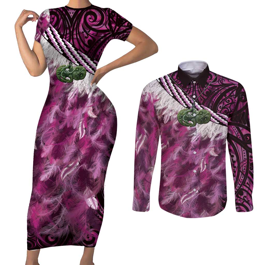 Pink Traditional Cloak Aotearoa Couples Matching Short Sleeve Bodycon Dress and Long Sleeve Button Shirt Maori Paua Shell Korowai Pattern LT14 Pink - Polynesian Pride
