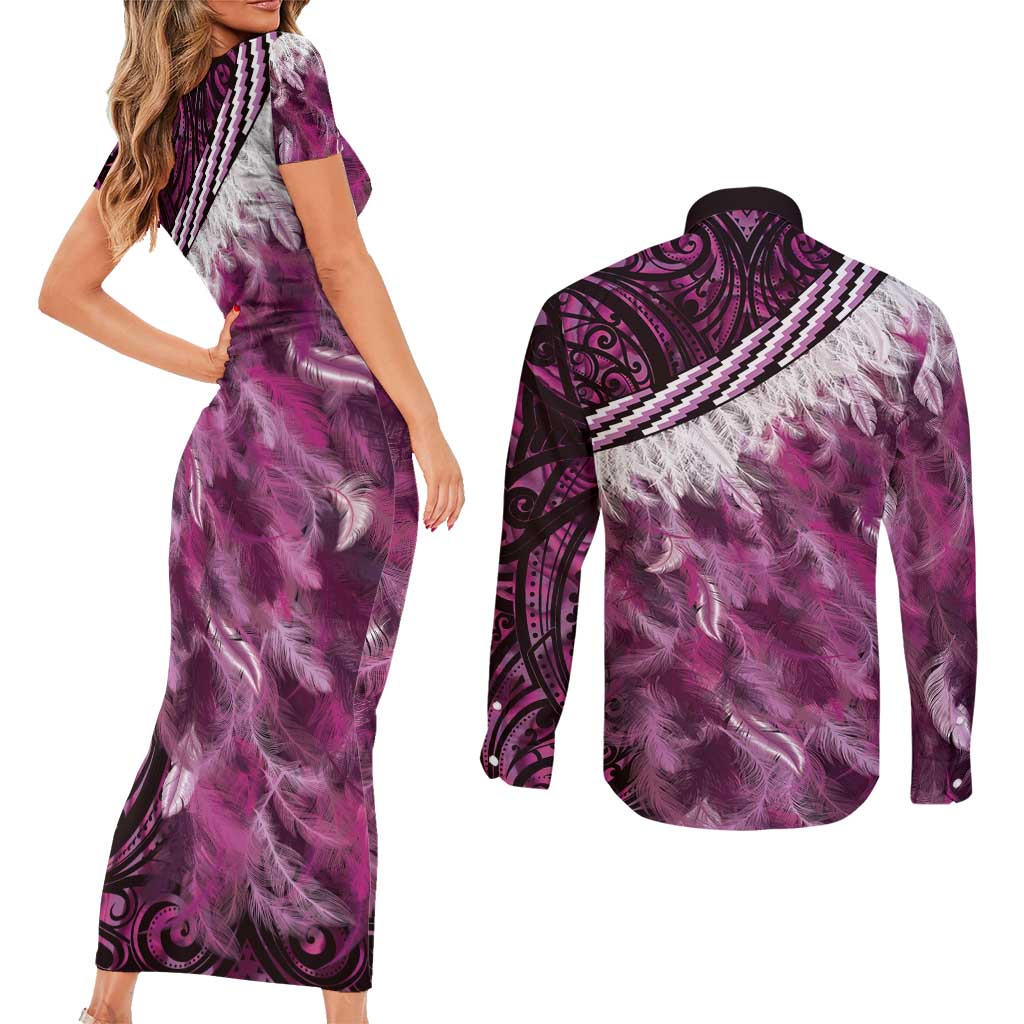 Pink Traditional Cloak Aotearoa Couples Matching Short Sleeve Bodycon Dress and Long Sleeve Button Shirt Maori Paua Shell Korowai Pattern LT14 - Polynesian Pride