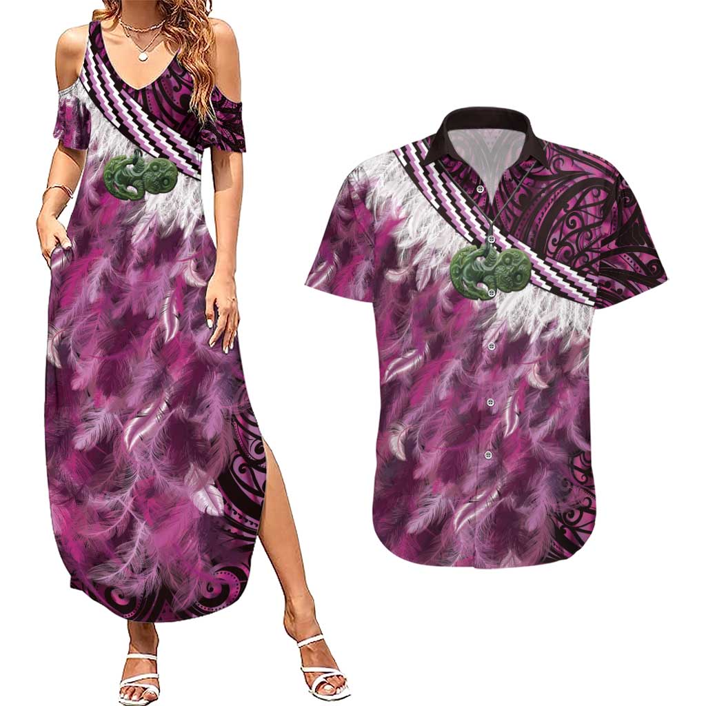 Pink Traditional Cloak Aotearoa Couples Matching Summer Maxi Dress and Hawaiian Shirt Maori Paua Shell Korowai Pattern LT14 Pink - Polynesian Pride