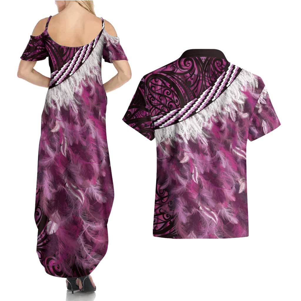 Pink Traditional Cloak Aotearoa Couples Matching Summer Maxi Dress and Hawaiian Shirt Maori Paua Shell Korowai Pattern LT14 - Polynesian Pride