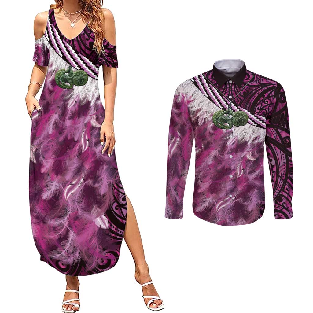 Pink Traditional Cloak Aotearoa Couples Matching Summer Maxi Dress and Long Sleeve Button Shirt Maori Paua Shell Korowai Pattern LT14 Pink - Polynesian Pride