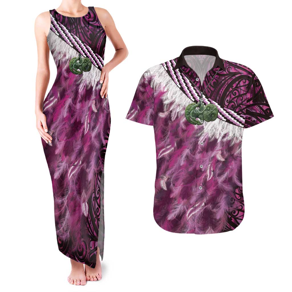 Pink Traditional Cloak Aotearoa Couples Matching Tank Maxi Dress and Hawaiian Shirt Maori Paua Shell Korowai Pattern LT14 Pink - Polynesian Pride