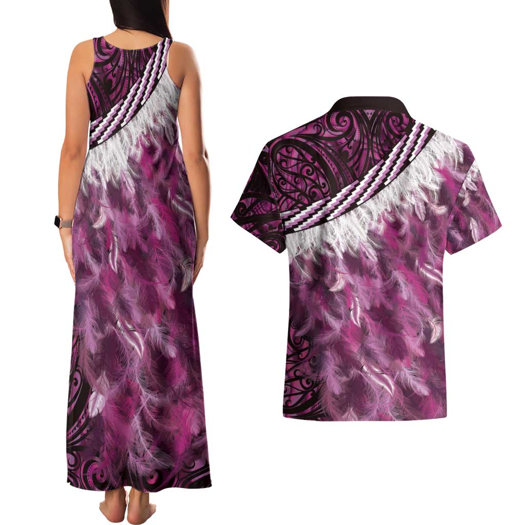 Pink Traditional Cloak Aotearoa Couples Matching Tank Maxi Dress and Hawaiian Shirt Maori Paua Shell Korowai Pattern LT14 - Polynesian Pride