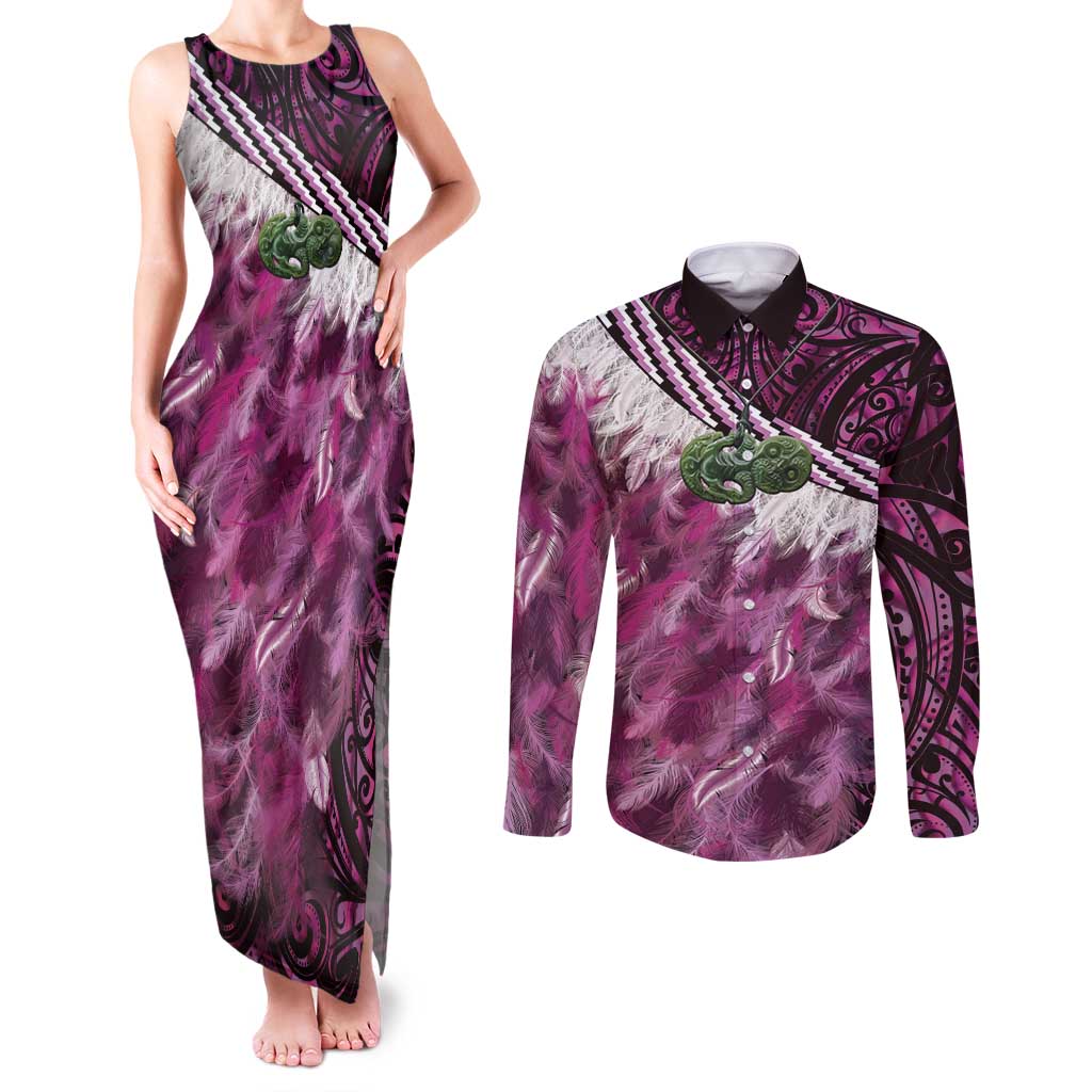 Pink Traditional Cloak Aotearoa Couples Matching Tank Maxi Dress and Long Sleeve Button Shirt Maori Paua Shell Korowai Pattern LT14 Pink - Polynesian Pride