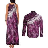 Pink Traditional Cloak Aotearoa Couples Matching Tank Maxi Dress and Long Sleeve Button Shirt Maori Paua Shell Korowai Pattern