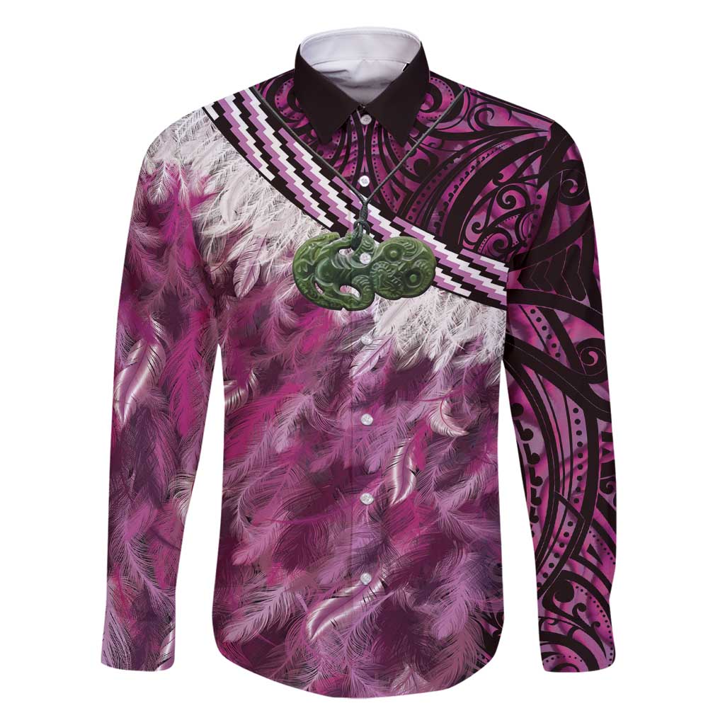 Pink Traditional Cloak Aotearoa Family Matching Long Sleeve Bodycon Dress and Hawaiian Shirt Maori Paua Shell Korowai Pattern LT14 Dad's Shirt - Long Sleeve Pink - Polynesian Pride