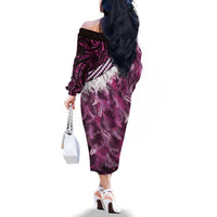 Pink Traditional Cloak Aotearoa Family Matching Off The Shoulder Long Sleeve Dress and Hawaiian Shirt Maori Paua Shell Korowai Pattern LT14 - Polynesian Pride