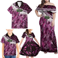 Pink Traditional Cloak Aotearoa Family Matching Off Shoulder Maxi Dress and Hawaiian Shirt Maori Paua Shell Korowai Pattern LT14 - Polynesian Pride