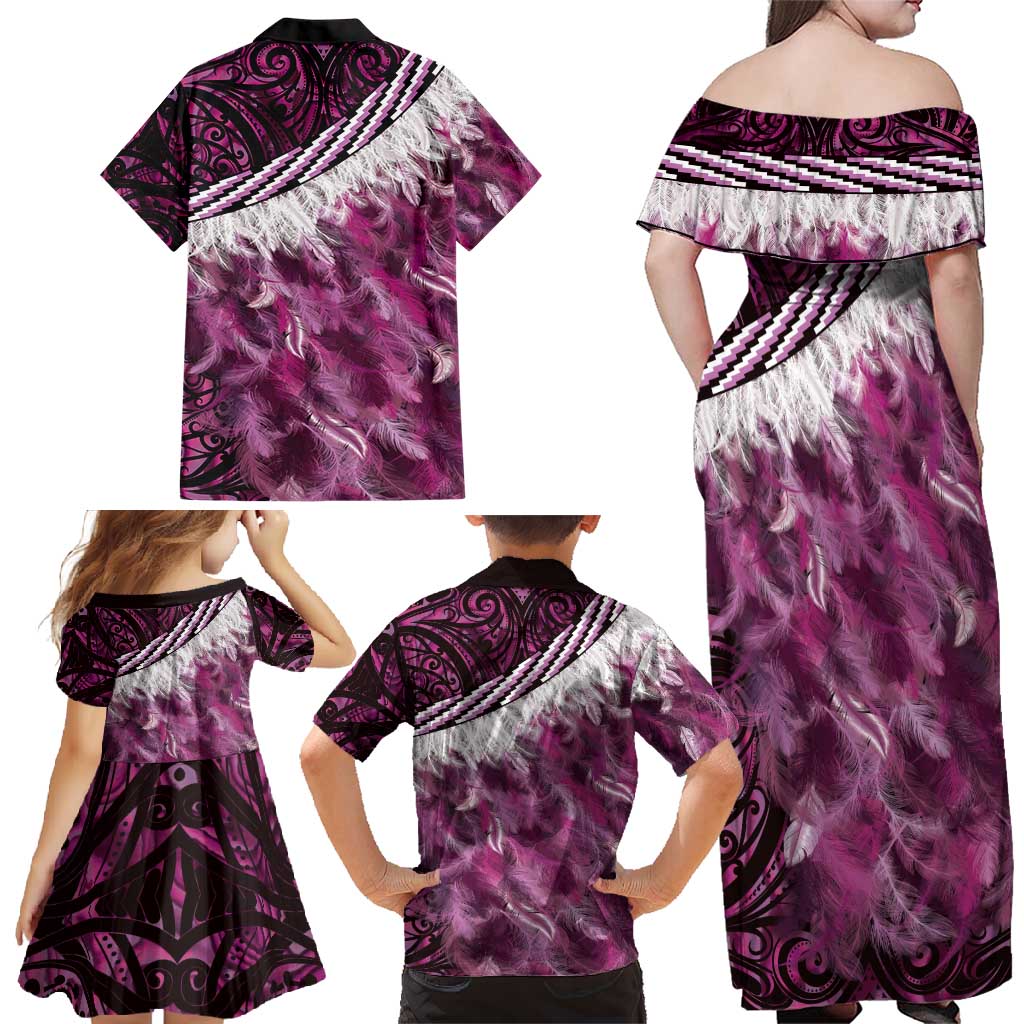 Pink Traditional Cloak Aotearoa Family Matching Off Shoulder Maxi Dress and Hawaiian Shirt Maori Paua Shell Korowai Pattern LT14 - Polynesian Pride