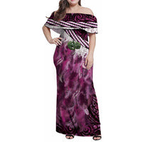 Pink Traditional Cloak Aotearoa Family Matching Off Shoulder Maxi Dress and Hawaiian Shirt Maori Paua Shell Korowai Pattern LT14 Mom's Dress Pink - Polynesian Pride