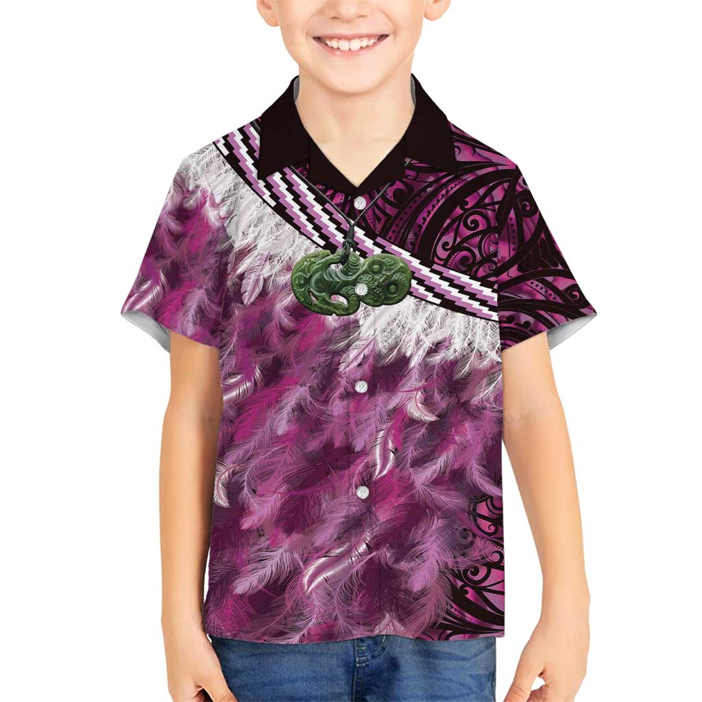 Pink Traditional Cloak Aotearoa Family Matching Off Shoulder Maxi Dress and Hawaiian Shirt Maori Paua Shell Korowai Pattern LT14 Son's Shirt Pink - Polynesian Pride