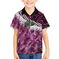 Pink Traditional Cloak Aotearoa Family Matching Off Shoulder Maxi Dress and Hawaiian Shirt Maori Paua Shell Korowai Pattern LT14 Son's Shirt Pink - Polynesian Pride