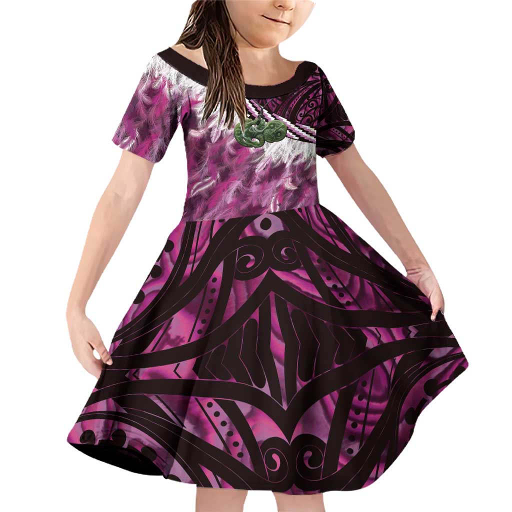 Pink Traditional Cloak Aotearoa Family Matching Off Shoulder Short Dress and Hawaiian Shirt Maori Paua Shell Korowai Pattern LT14 Daughter's Dress Pink - Polynesian Pride