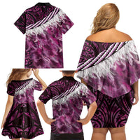 Pink Traditional Cloak Aotearoa Family Matching Off Shoulder Short Dress and Hawaiian Shirt Maori Paua Shell Korowai Pattern LT14 - Polynesian Pride
