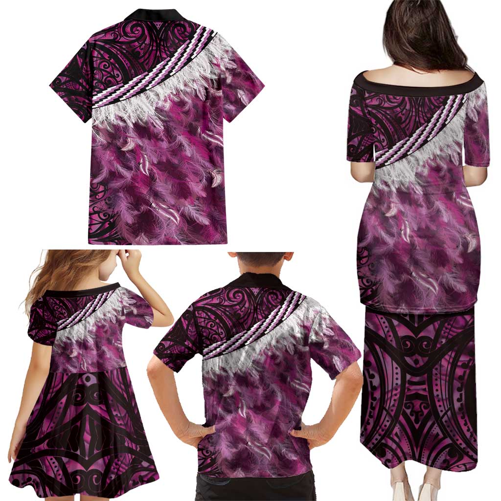 Pink Traditional Cloak Aotearoa Family Matching Puletasi and Hawaiian Shirt Maori Paua Shell Korowai Pattern LT14 - Polynesian Pride