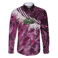 Pink Traditional Cloak Aotearoa Family Matching Puletasi and Hawaiian Shirt Maori Paua Shell Korowai Pattern LT14 Dad's Shirt - Long Sleeve Pink - Polynesian Pride