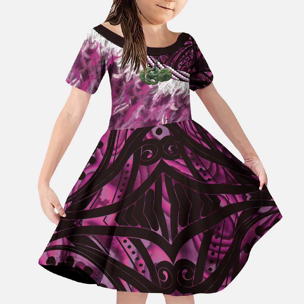 Pink Traditional Cloak Aotearoa Family Matching Summer Maxi Dress and Hawaiian Shirt Maori Paua Shell Korowai Pattern LT14 Daughter's Dress Pink - Polynesian Pride