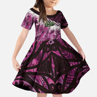 Pink Traditional Cloak Aotearoa Family Matching Tank Maxi Dress and Hawaiian Shirt Maori Paua Shell Korowai Pattern LT14 Daughter's Dress Pink - Polynesian Pride