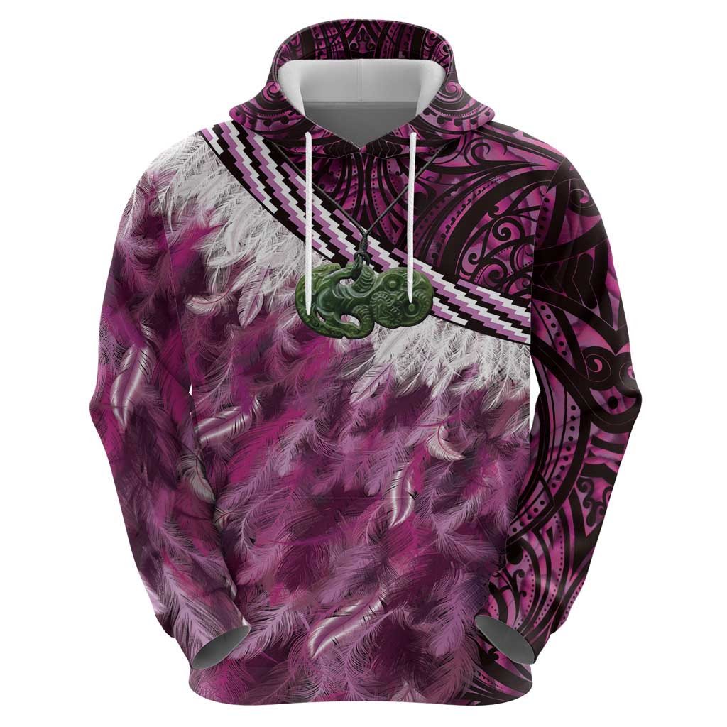 Pink Traditional Cloak Aotearoa Hoodie Maori Paua Shell Korowai Pattern