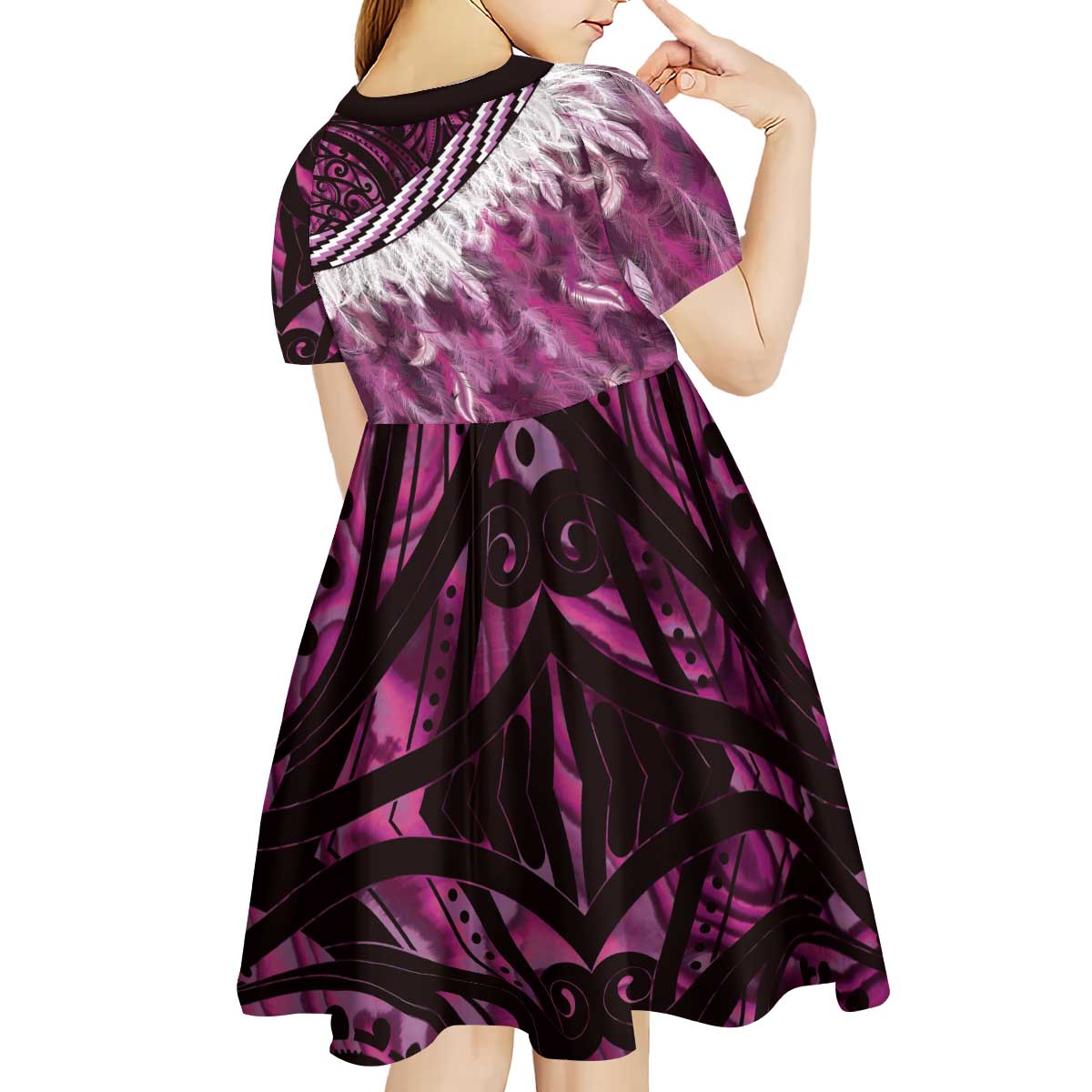 Pink Traditional Cloak Aotearoa Kid Short Sleeve Dress Maori Paua Shell Korowai Pattern