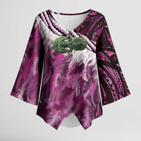 Pink Traditional Cloak Aotearoa Kimono Sleeve Blouse Maori Paua Shell Korowai Pattern - Polynesian Pride
