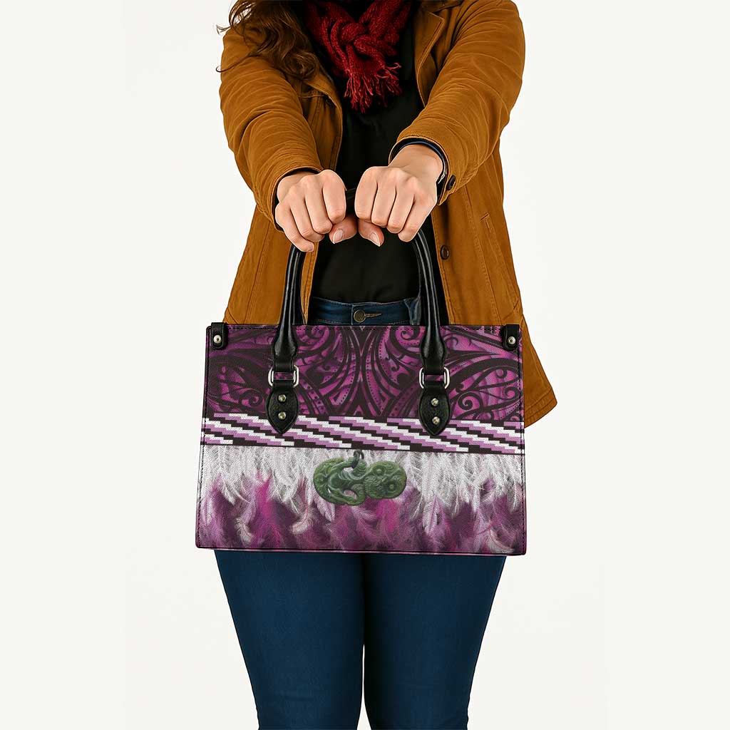 Pink Traditional Cloak Aotearoa Leather Bag Maori Paua Shell Korowai Pattern - Polynesian Pride