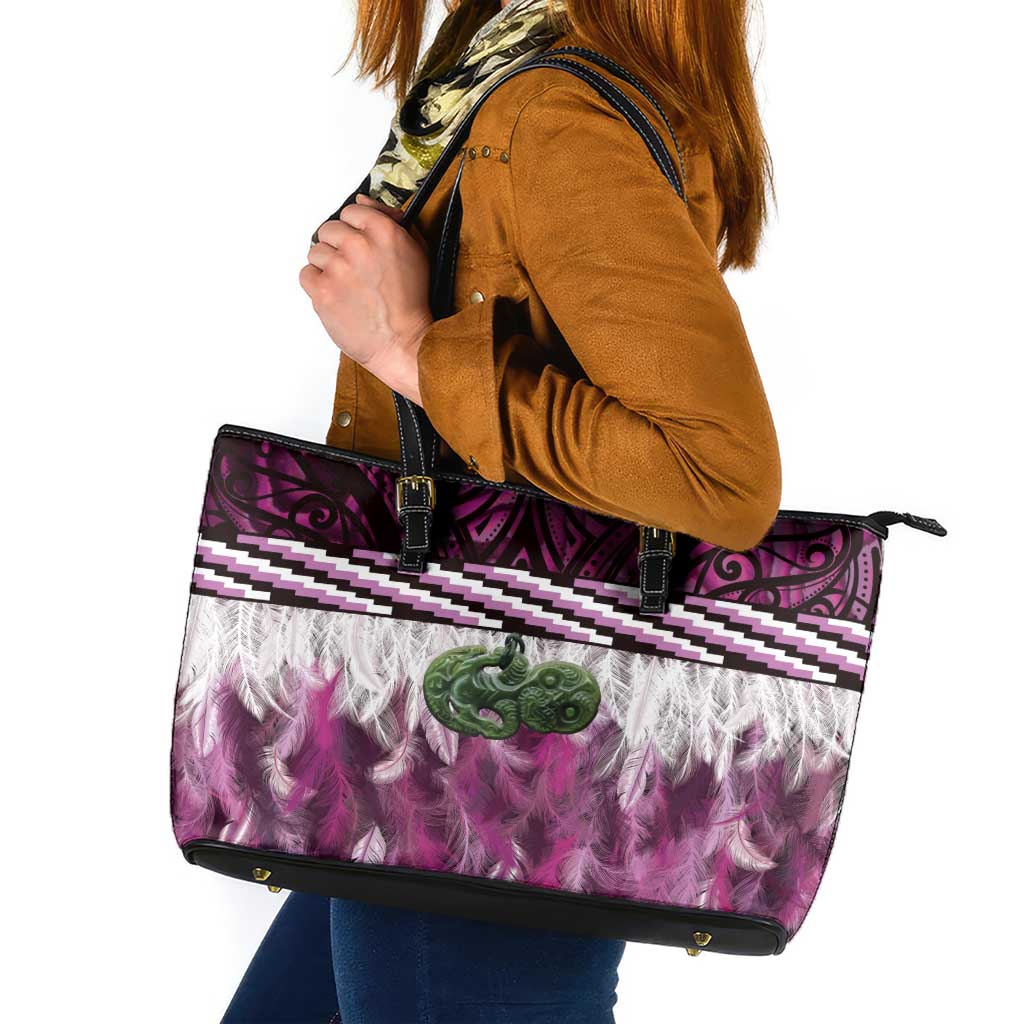 Pink Traditional Cloak Aotearoa Leather Tote Bag Maori Paua Shell Korowai Pattern LT14 Pink - Polynesian Pride