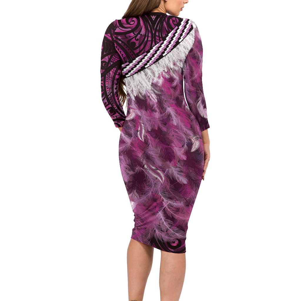 Pink Traditional Cloak Aotearoa Long Sleeve Bodycon Dress Maori Paua Shell Korowai Pattern