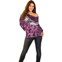 Pink Traditional Cloak Aotearoa Off Shoulder Sweater Maori Paua Shell Korowai Pattern
