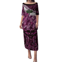 Pink Traditional Cloak Aotearoa Puletasi Maori Paua Shell Korowai Pattern LT14 Long Dress Pink - Polynesian Pride