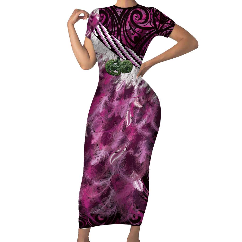 Pink Traditional Cloak Aotearoa Short Sleeve Bodycon Dress Maori Paua Shell Korowai Pattern LT14 Long Dress Pink - Polynesian Pride