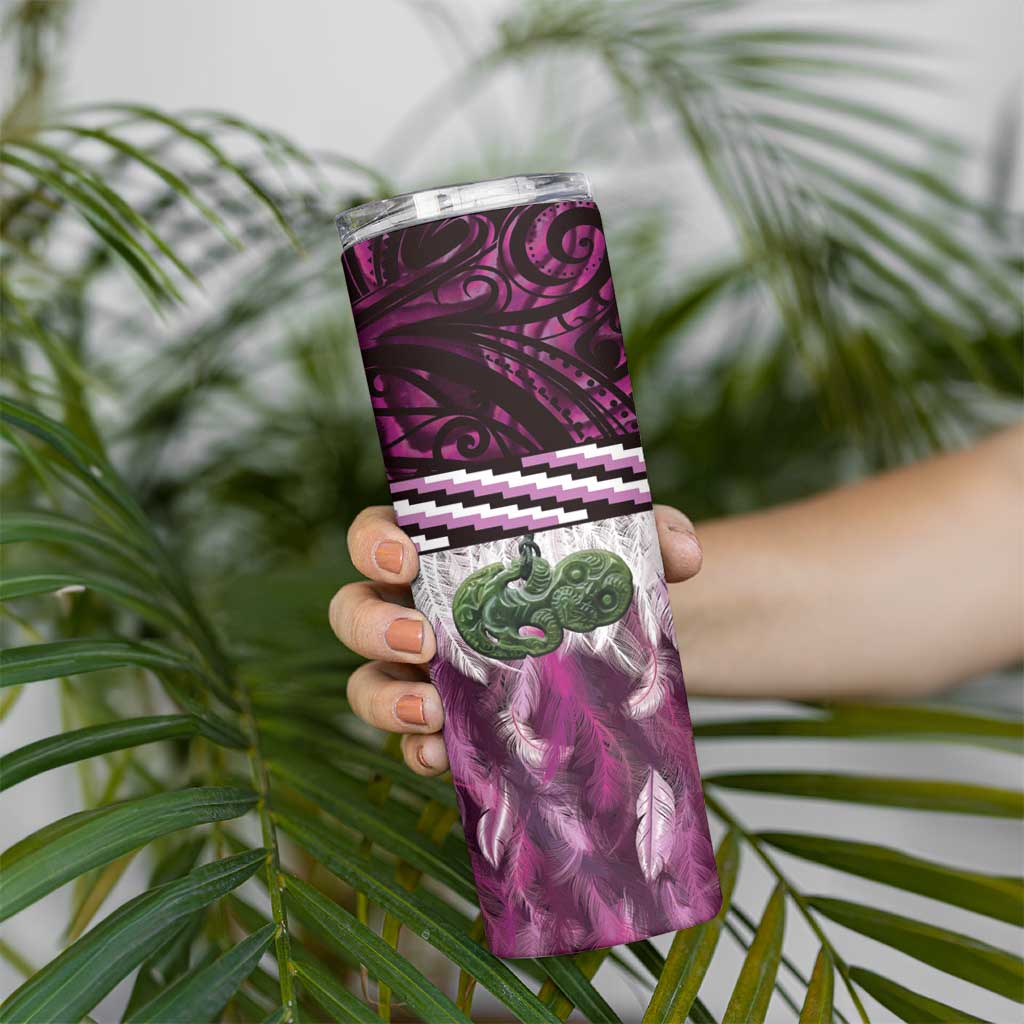 Pink Traditional Cloak Aotearoa Skinny Tumbler Maori Paua Shell Korowai Pattern