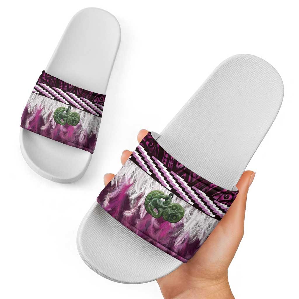 Pink Traditional Cloak Aotearoa Slide Sandals Maori Paua Shell Korowai Pattern - Polynesian Pride