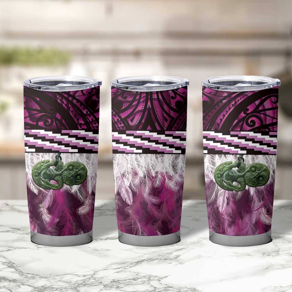 Pink Traditional Cloak Aotearoa Tumbler Cup Maori Paua Shell Korowai Pattern