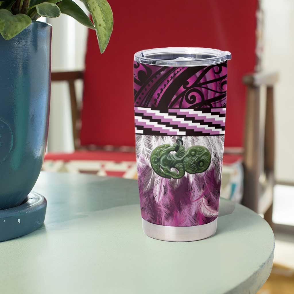Pink Traditional Cloak Aotearoa Tumbler Cup Maori Paua Shell Korowai Pattern